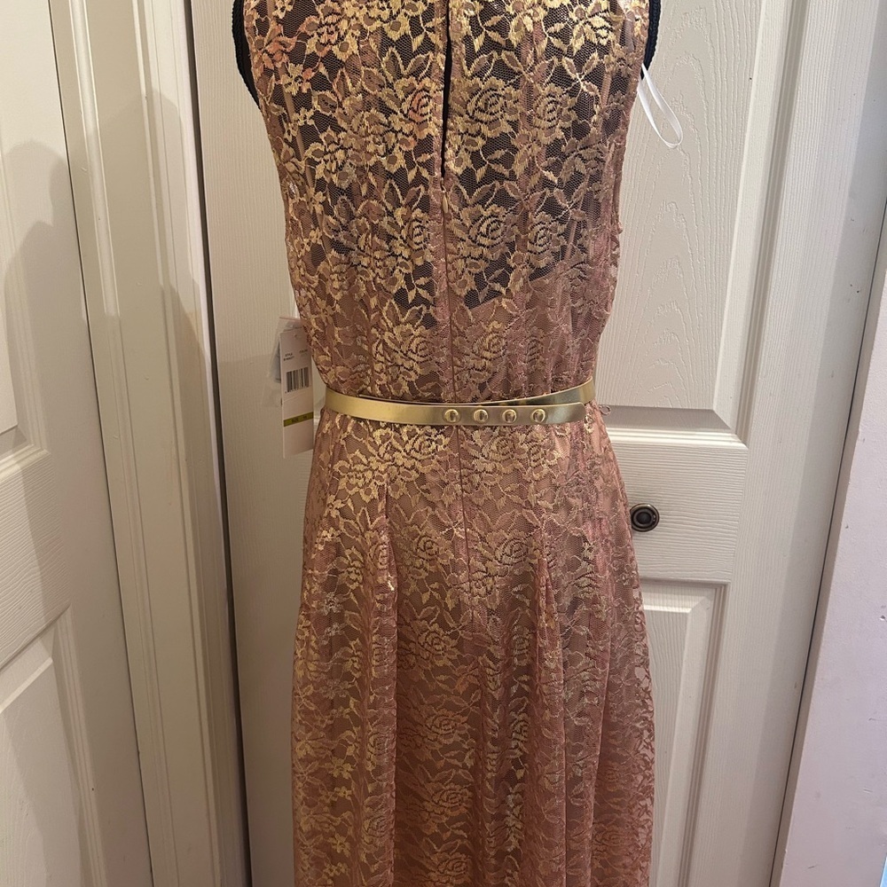 Chetta B Elegant Gold Lace Sleeveless Dress with Belt, Size 14 - Picture 6 of 9